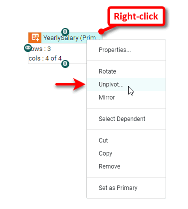 right-click data block and select Unpivot from context menu
