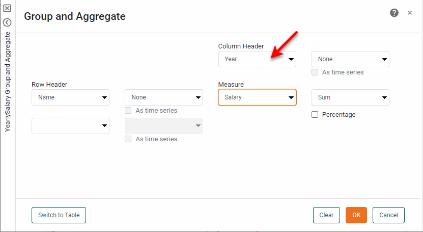 crosstab panel with Name row header Year column header and Salary measure configured
