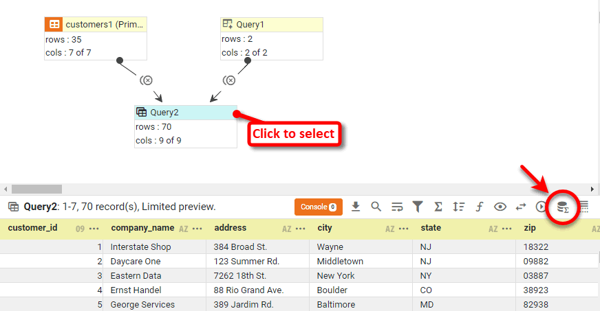 preview showing cross-product of customers and salesperson data blocks