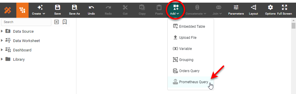 Prometheus Query dialog box for configuring the data query