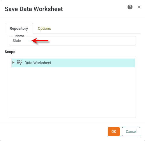 Save as Data Worksheet dialog with State entered as the asset name