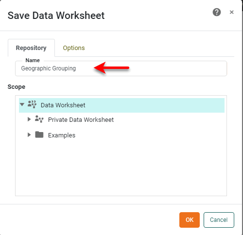 Save as Data Worksheet dialog with Geographic Grouping entered as asset name