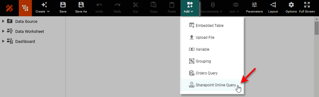 SharePoint Online Query dialog box for configuring the data query