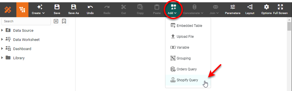 Shopify Query dialog box for configuring the data query