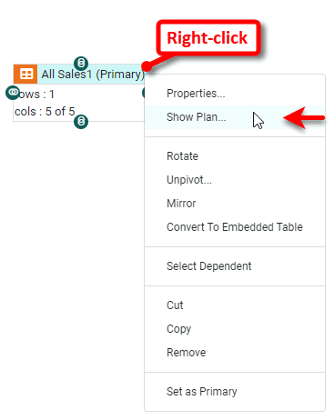 right-click data block and select Show Plan from context menu