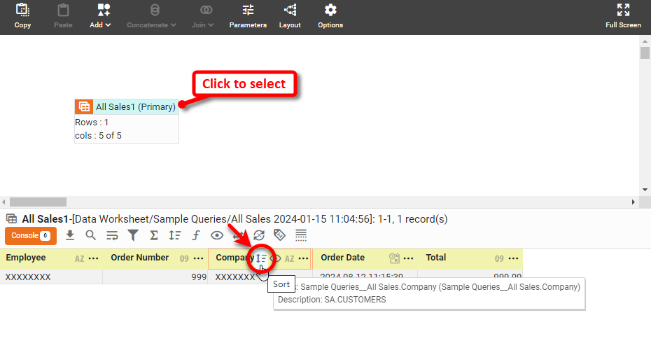 press Sort button in column header to sort column ascending or descending