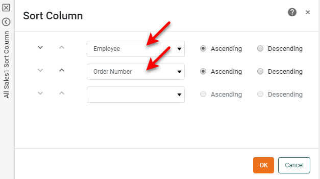 select columns and ascending or descending order in the Sort Column panel