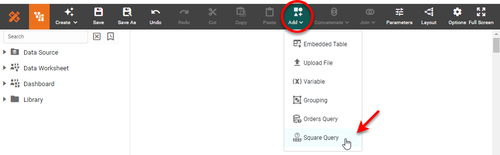 Square Query dialog box for configuring the data query