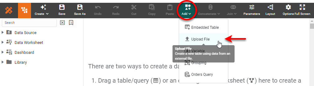 press Create Object button and select Upload File to open Import Data File dialog