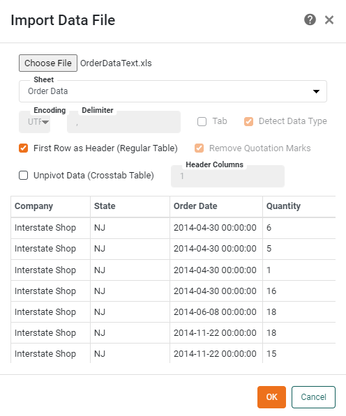 select the OrderDataText Excel file and press Open