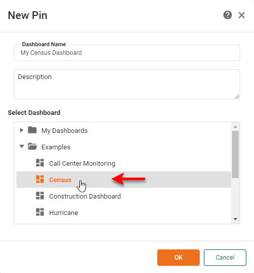 choose Dashboard from Select Dashboard list