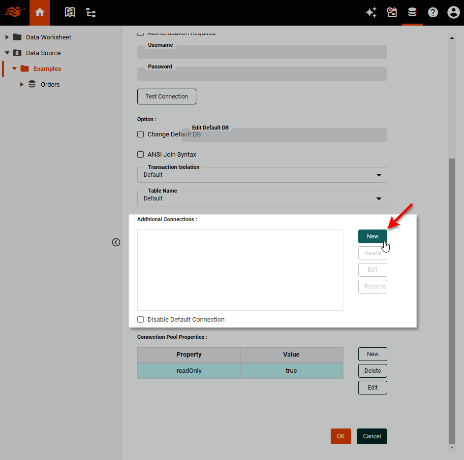 press New in Additional Connections panel