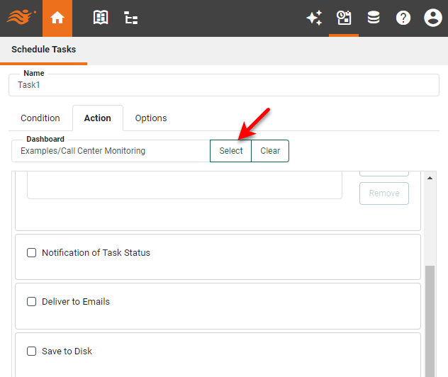 press Select to specify Dashboard