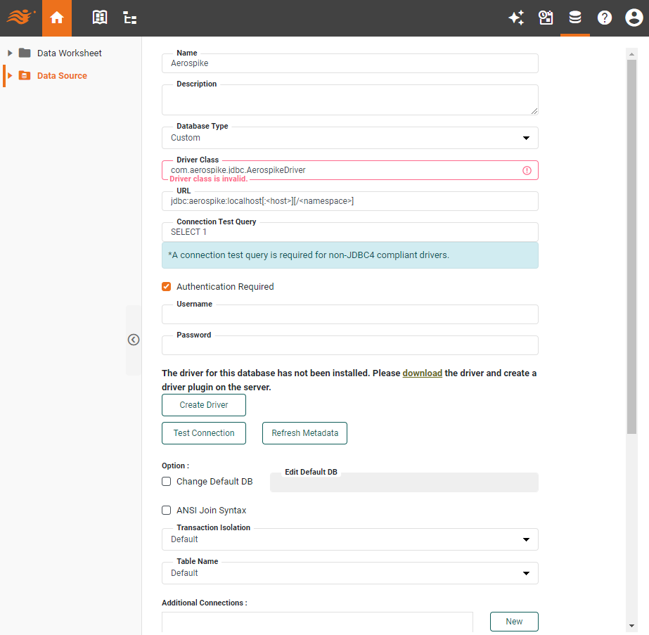 Aerospike data source definition screen