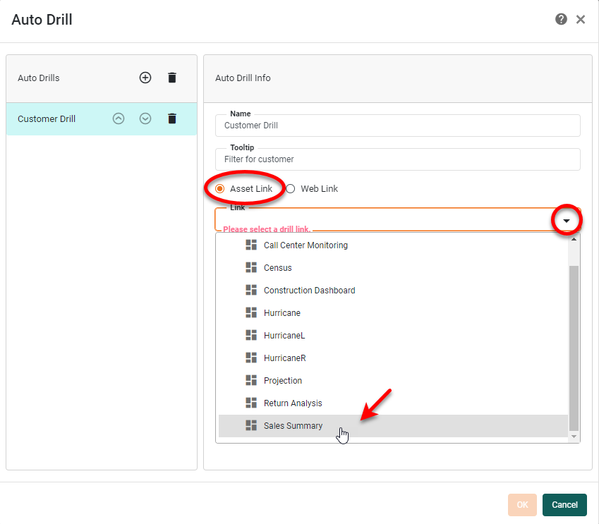 select Asset Link and choose dashboard
