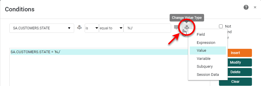 use Change Value Type to change condition type