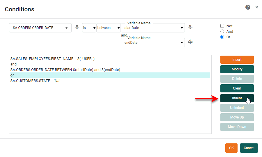 ”click operator and press Indent or Unindent”