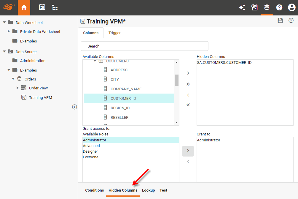 select Hidden Columns tab