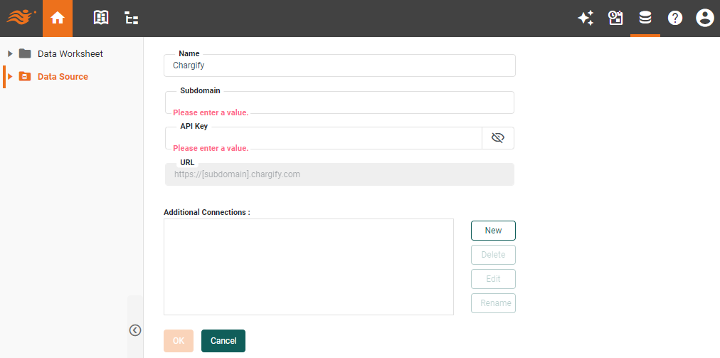 Chargify data source definition screen