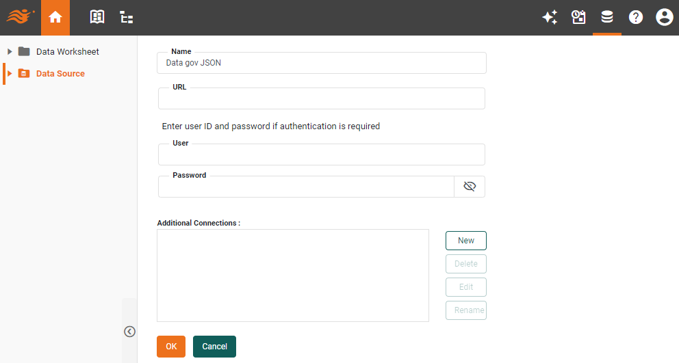 Data.Gov JSON data source definition screen