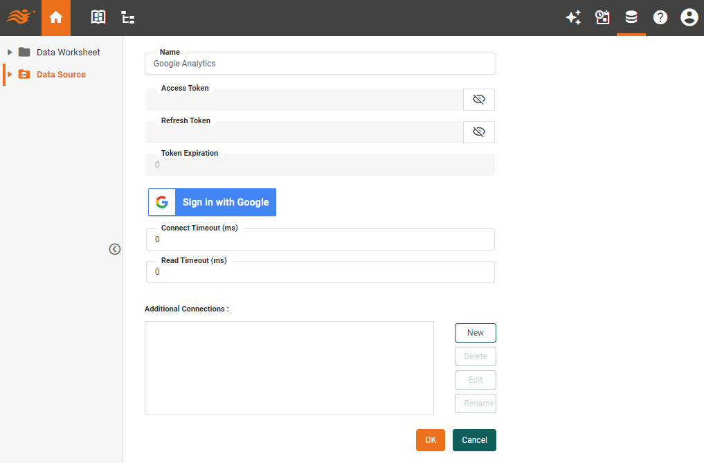 Google Analytics GA4 data source definition screen