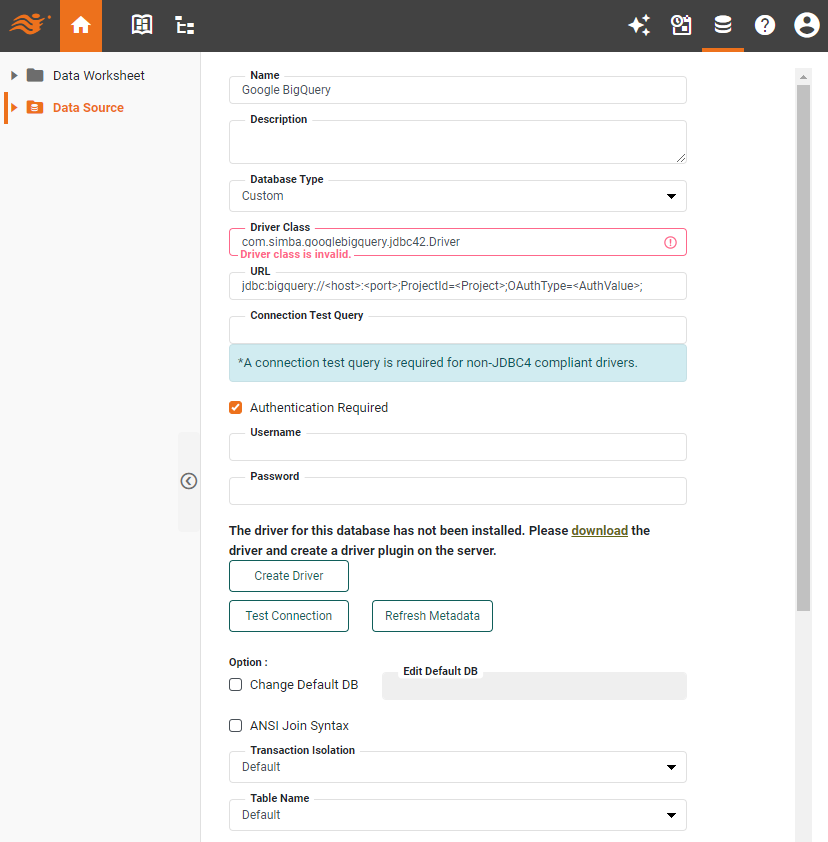Google BigQuery data source definition screen