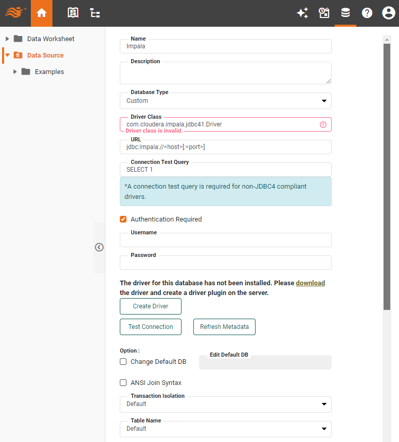 Impala data source definition screen