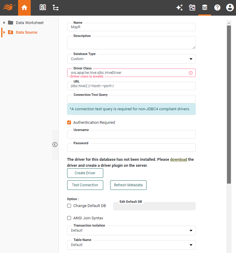 MapR data source definition screen