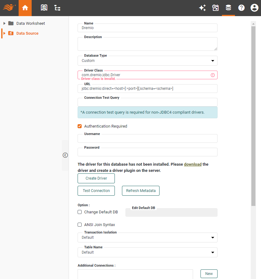Dremio data source definition screen