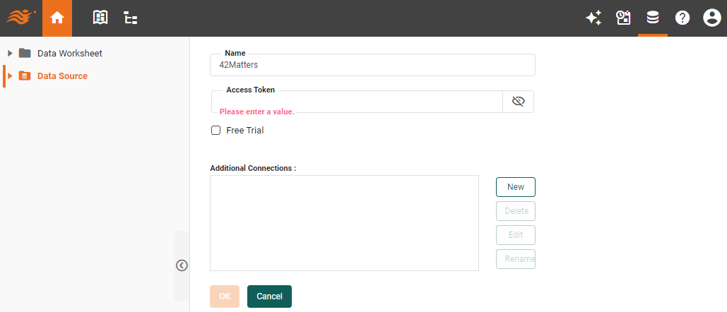 42Matters data source definition screen