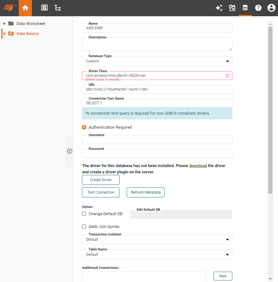 AWS EMR data source definition screen