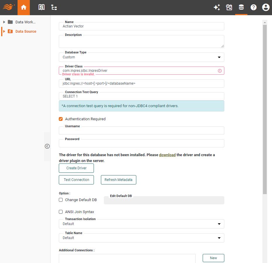 Actian data source definition screen