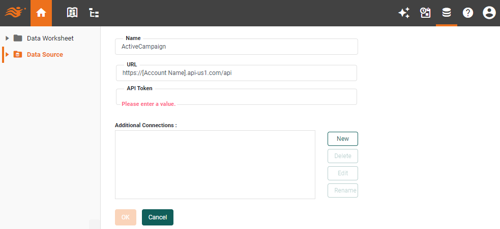 ActiveCampaign data source definition screen