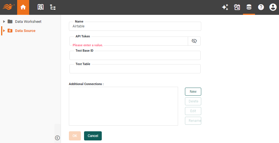 Airtable data source definition screen