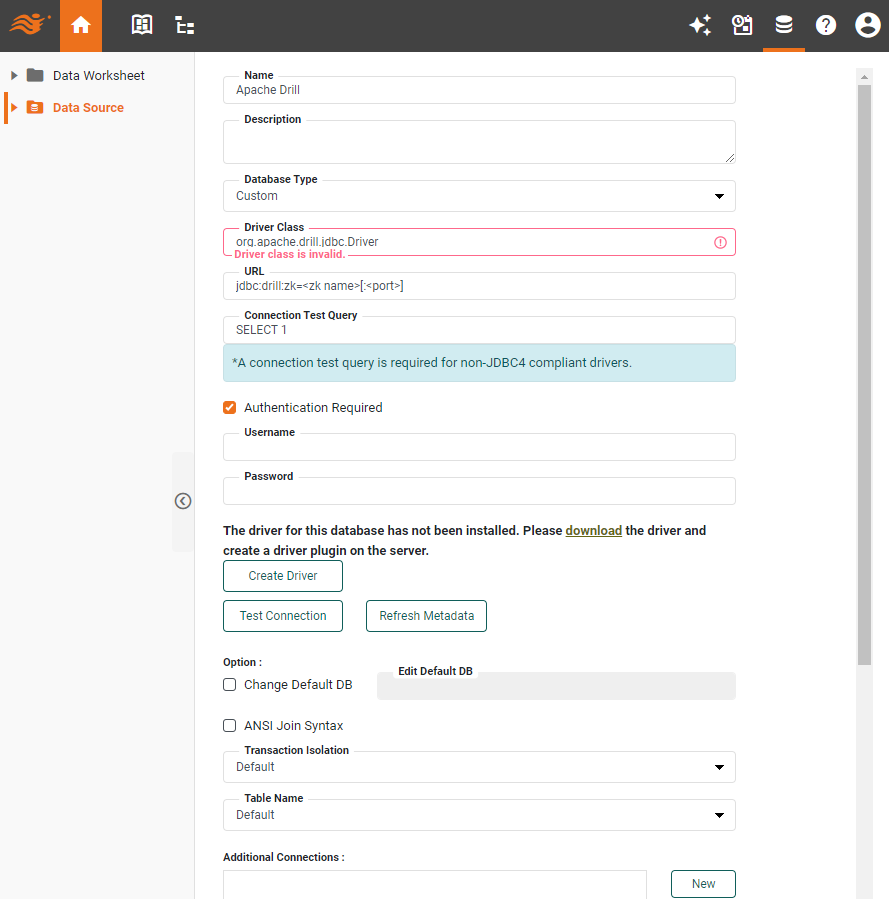 Apache Drill data source definition screen