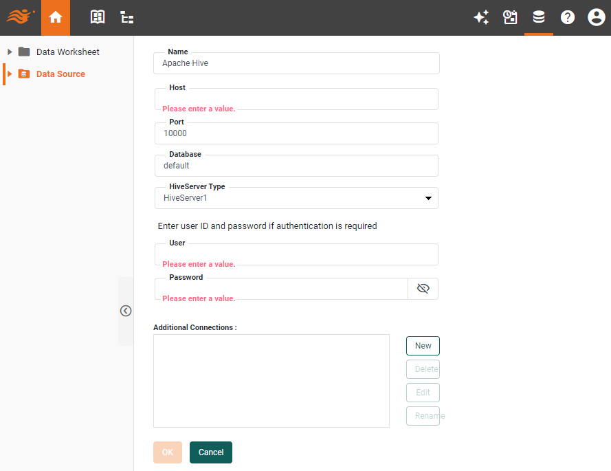 Apache Hive data source definition screen