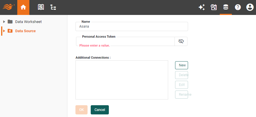 Asana data source definition screen