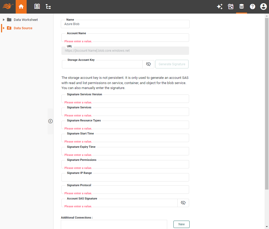 Azure Blob data source definition screen
