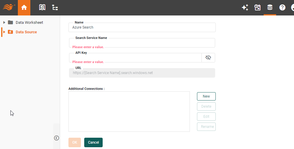 Azure Search data source definition screen