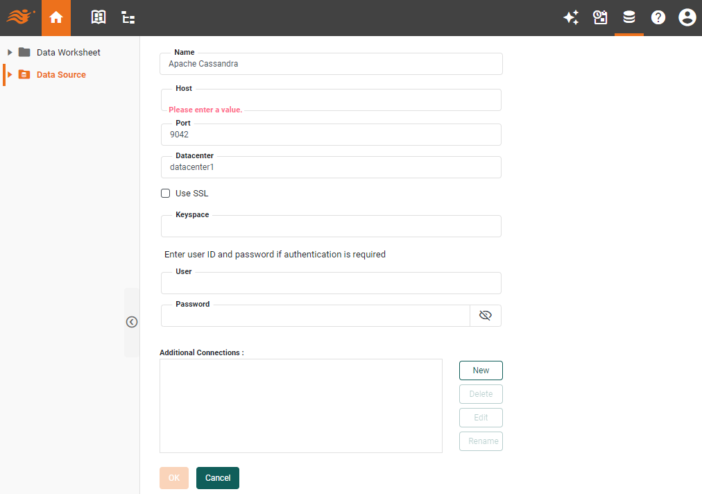 Cassandra data source definition screen