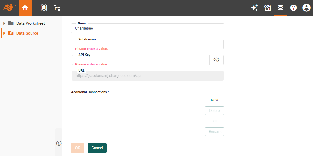 Chargebee data source definition screen