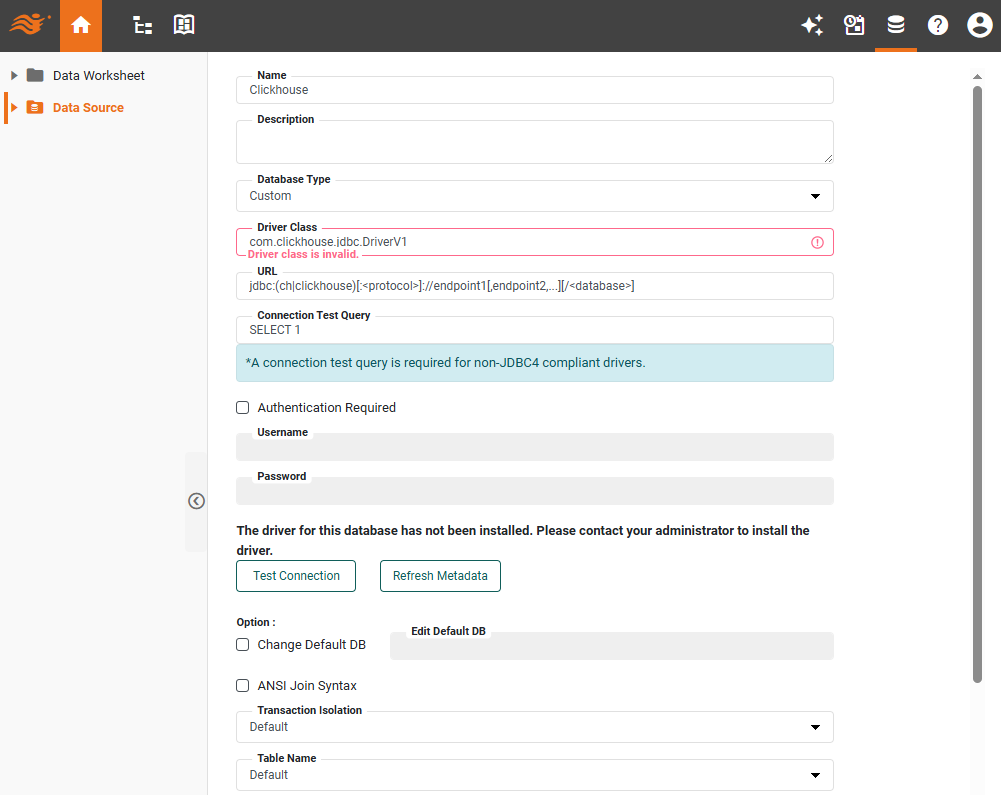 ClickHouse data source definition screen