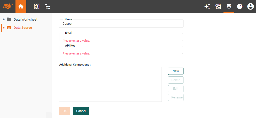 Copper data source definition screen