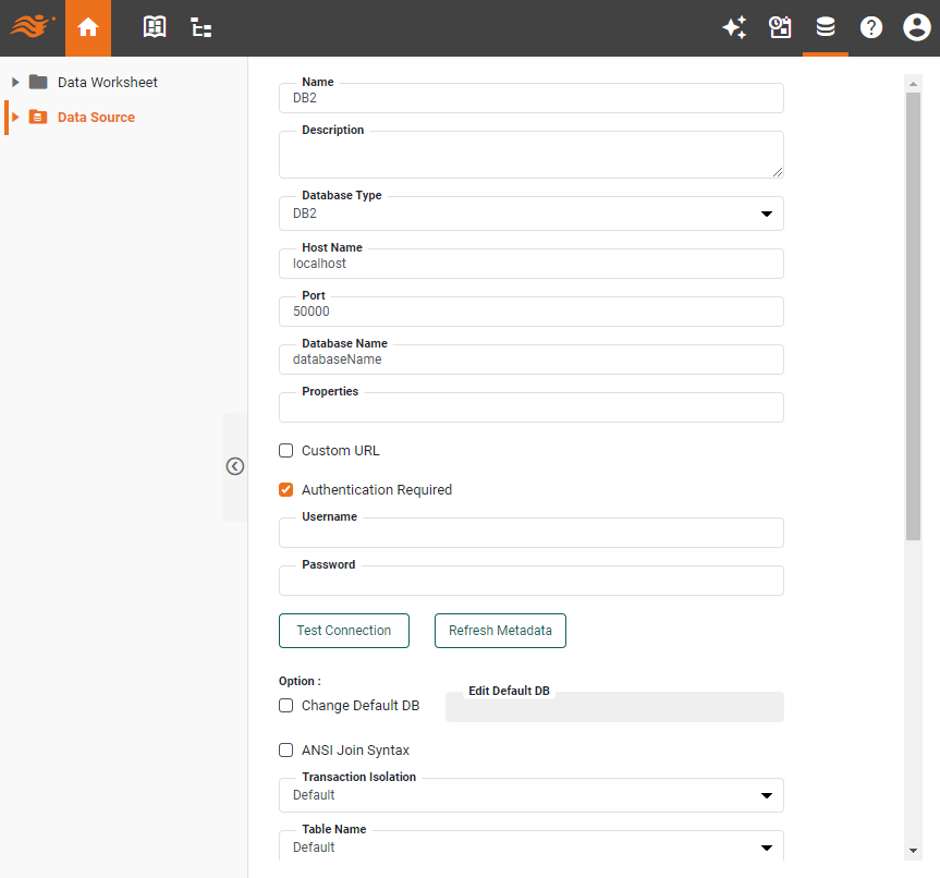 DB2 data source definition screen