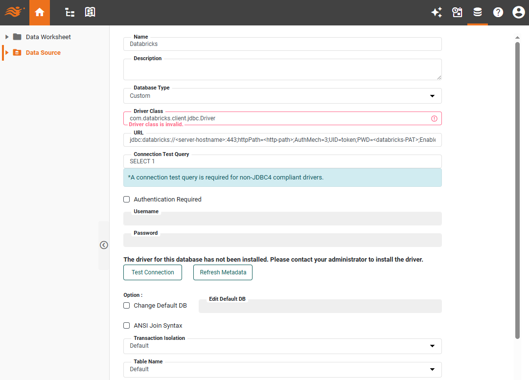 Databricks data source definition screen