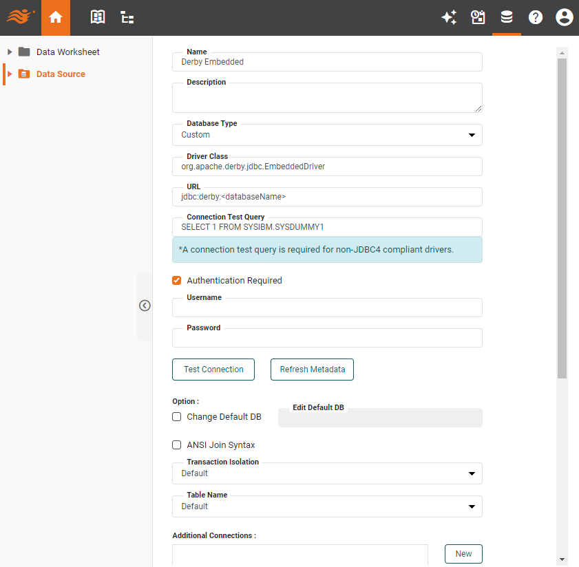 Derby Embedded data source definition screen