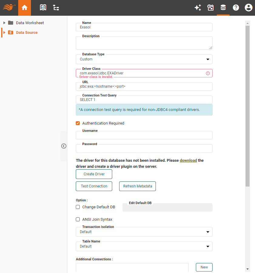Exasol data source definition screen