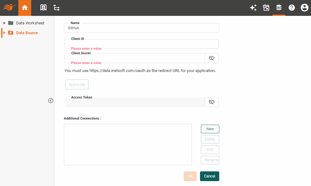Github data source definition screen