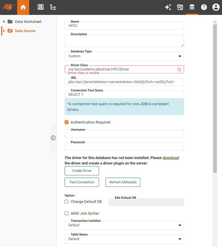 HPCC data source definition screen