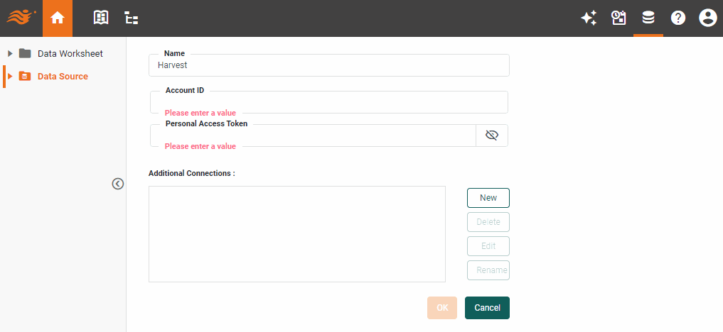 Harvest data source definition screen